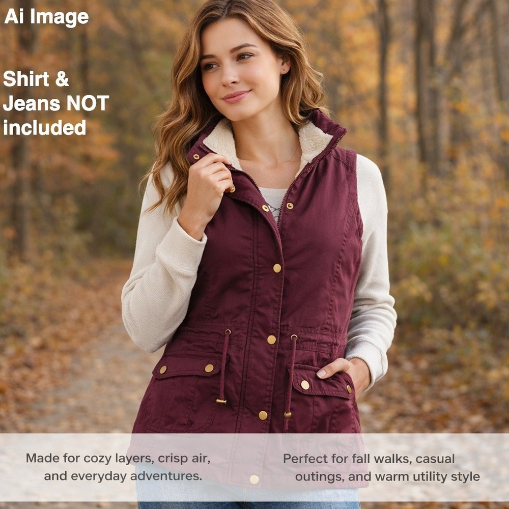 YMI Collection Womens Burgundy Sherpa Lined Utility Vest‎ Size Medium